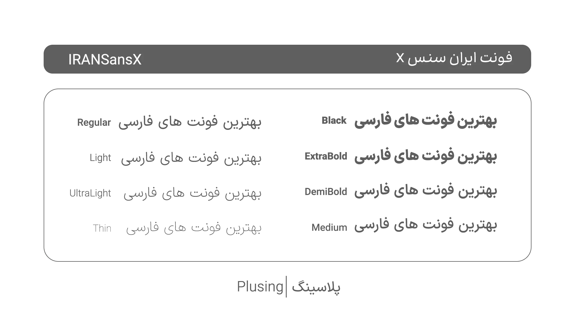 تصویر فونت «ایران‌سنس ایکس» با طراحی مدرن و حرفه‌ای، دارای وزن‌های سنگین‌تر ExtraBlack و Heavy، قابلیت تغییر شکل نقطه‌ها از لوزی به دایره و امکان تغییر تراز عمودی اعداد، مناسب برای تایپوگرافی تبلیغاتی و برندینگ پیشرفته