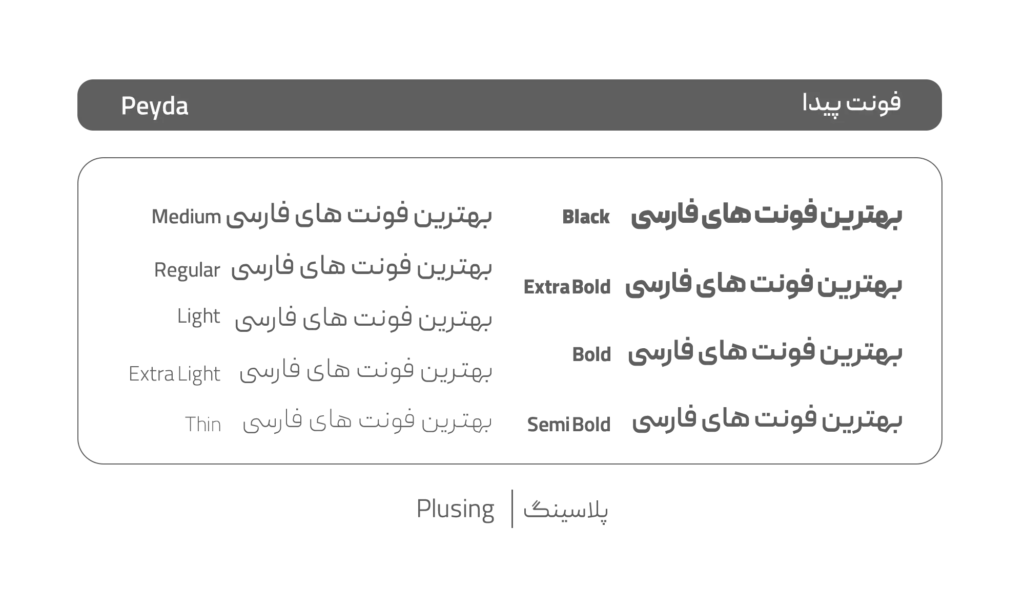 تصویر فونت «پیدا» با طراحی مینیمال، تمیز و خوانا، دارای ۱۰ وزن مختلف و پشتیبانی کامل از اعداد و حروف خاص فارسی، مناسب برای طراحی رابط کاربری (UI)، وب‌سایت‌های شرکتی و اینفوگرافیک‌های حرفه ای