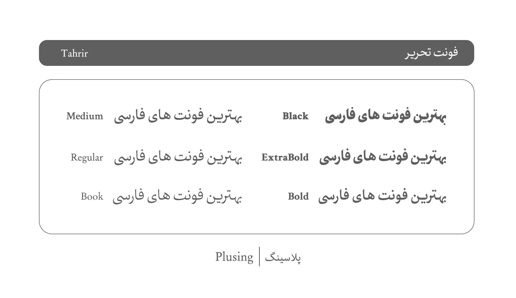 تصویر فونت «تحریر» با طراحی حرفه‌ای و شش وزن متفاوت از نازک تا سیاه، مناسب برای متون مطبوعاتی، روزنامه‌ها و پروژه‌های حرفه‌ای طراحی گرافیک